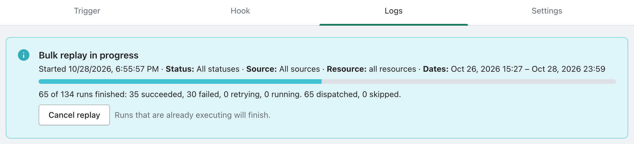 The Bulk replay in progress banner on the Logs tab showing the start time, the filters used, a progress bar, the tally of succeeded, failed, retrying and running runs, and the Cancel replay button