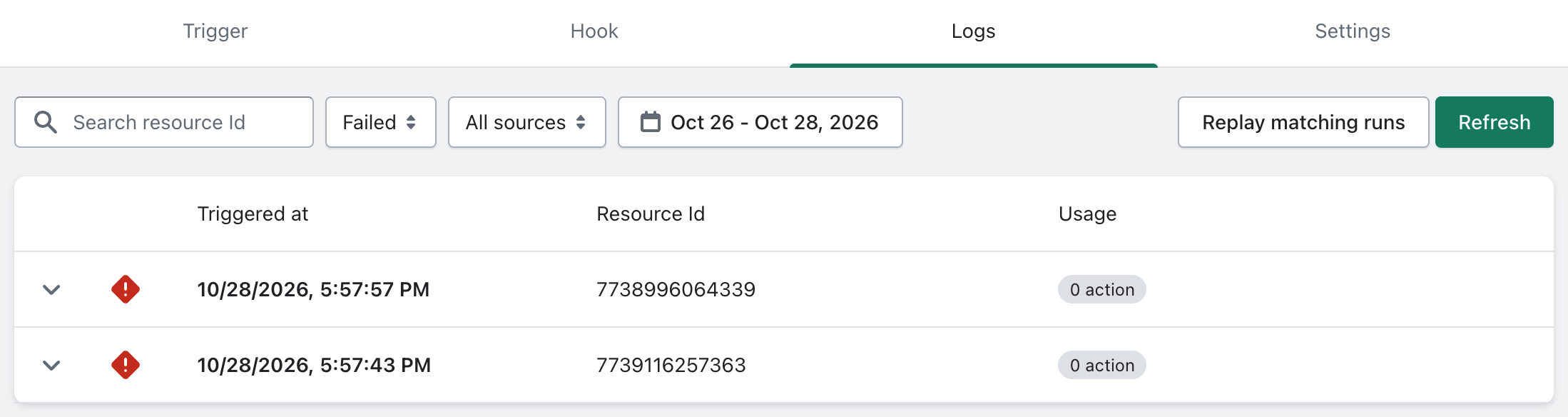 The Logs tab filtered to Failed runs from All sources over a date range, with the matching failed runs listed and the Replay matching runs button next to Refresh