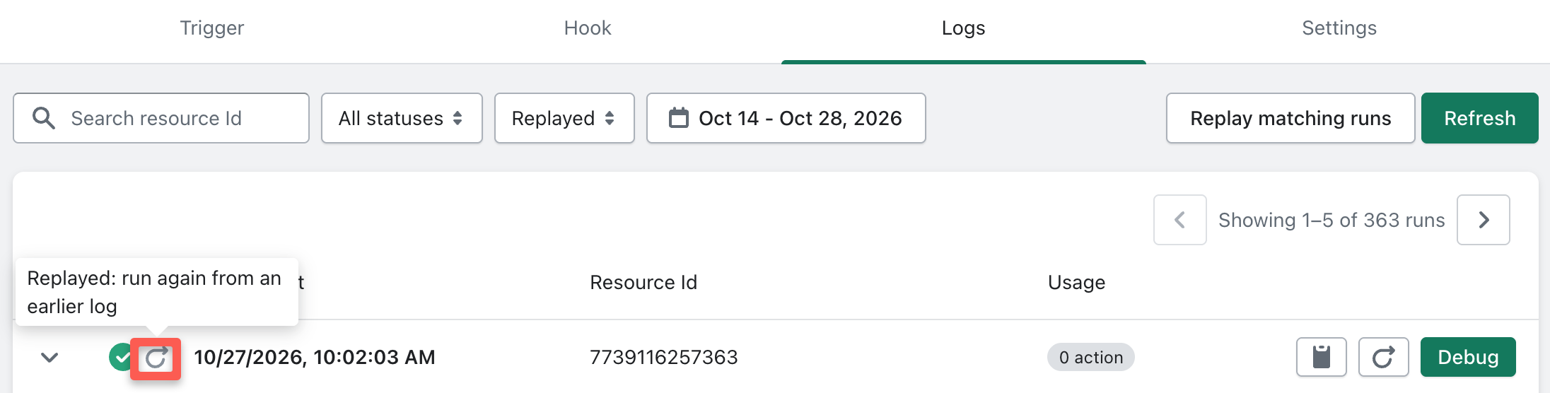 A replayed run in the Logs tab, filtered to Replayed runs, with the Replayed marker next to its status icon and the tooltip "Replayed: run again from an earlier log"