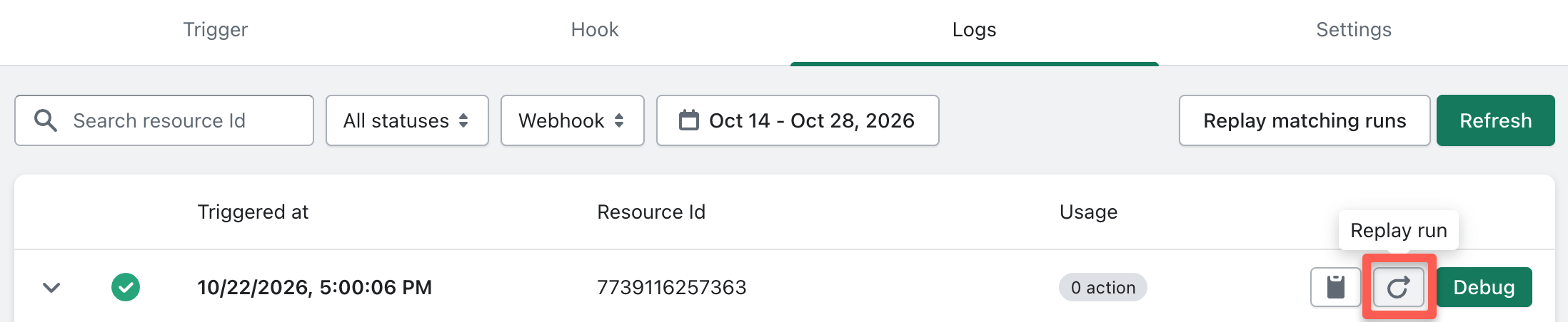 A run in the Logs tab with the Replay run button highlighted between the copy payload and Debug buttons